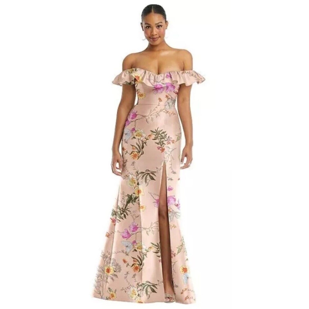 Alfred Sung Butterfly Botanica Pink Sand Off Shoulder Ruffle Gown $239 Size 4